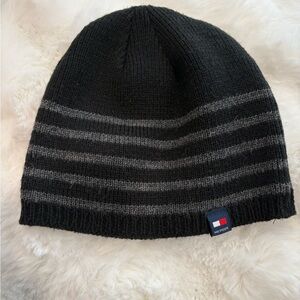 Tommy Hilfiger Black Beanie with Gray Stripes